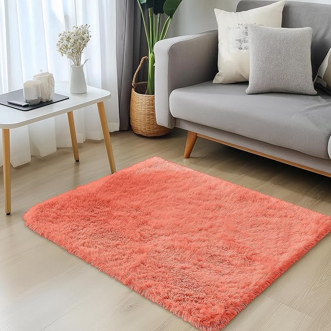 OLANLY 2x3 Machine Washable Small Bedside Rug, Soft Fluffy Shaggy Entryway Throw Rugs for Bedroom, Living Room, Indoor Floor Carpet for Kids Girls and Boys, Home Decor Aesthetic, Coral Red