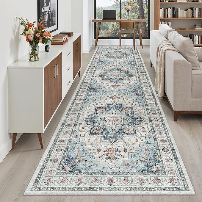 Madane 3x12 Hallway Runner Rug - Non Slip Washable 12ft Runner for Hallways Soft Vintage Kitchen Rugs Low-Pile Carpet Runner for Entryway Bathroom Thin Floor Mat for Bedroom Dining Room, Blue
