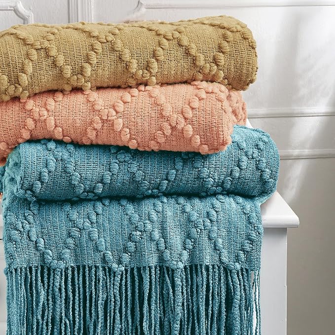 BOURINA Teal Throw Blanket 50 x70 Inches Jacquard Argyle Throw Textured Solid Soft Throws and Blankets for Sofa or Bed Knitted Decorative Blanket