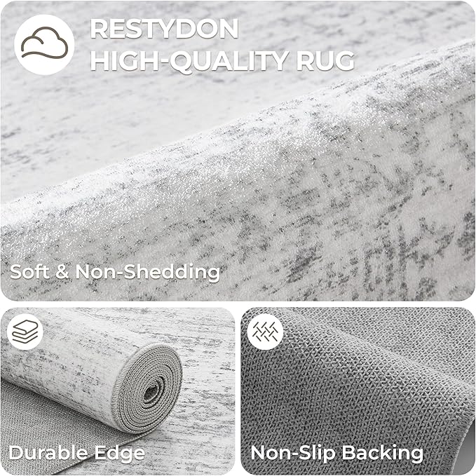 2x12 Runner Rug, Long Hallway Rugs for Dining Room, Living Room, Bedroom, Machine Washable Kitchen Carpet Runner with Rubber Backing, Soft Low Pile Indoor Rug(2'x12', Light Grey/White)