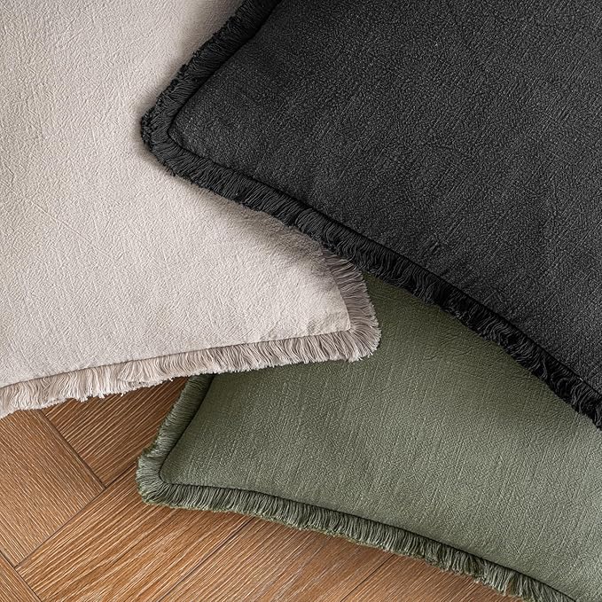 MIULEE Decorative Throw Pillow Covers Neutral Linen Fringe Throw Pillows Set of 2 Black Boho Farmhouse Cushion Covers with Tassels for Couch Sofa Bed Living Room Spring Home Decor 16x16 Inch