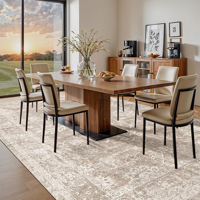 Madane 9x12 Area Rugs for Living Room, Machine Washable Rug with Non-Slip Backing, Soft Vintage Large Area Rug, Floral Print Floor Carpet for Bedroom Dining Room (9 x 12, Brown/Sand)