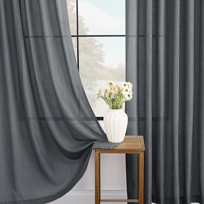 Dark Gray Curtains for Living Room Back Tab Modern Farmhouse Semi Sheer Gray Curtains 45 inches Long 2 Panels Set Muted Neutral Window Curtain for Dining Room Bedroom 52x45