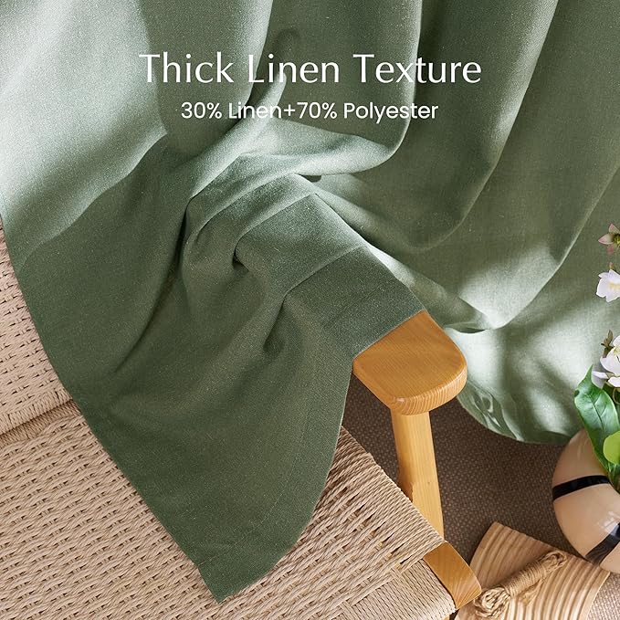 NICETOWN Forest Green Linen Curtains for Kitchen, Thick Flax Small Window Treatments Semi Sheer Privacy Assured with Light Through for Cafe/Bathroom, W55 x L84, 2 Panels