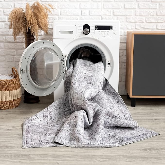 Area Rug 5x7 Machine Washable Polyester in Ivory and Blush