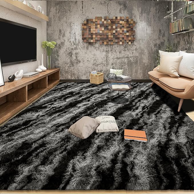 Tepook Fluffy Large Rugs for Living Room, Shag Area Rug 6x9 Soft Carpet for Bedroom, Modern Shaggy Rug for Kids Boys Girls, Plush Indoor Nursery Home Decor Rug with Non-Slip Bottom, Black Grey