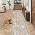 Madane Hallway Runner Rug 2'6''x16' Kitchen Runner - Non Slip Vintage Runners for Hallways Washable Kitchen Rugs Soft Low Pile 2.5x16 ft Rug Runner for Laundry Room, Entryway and Bedroom, Brown/Gold