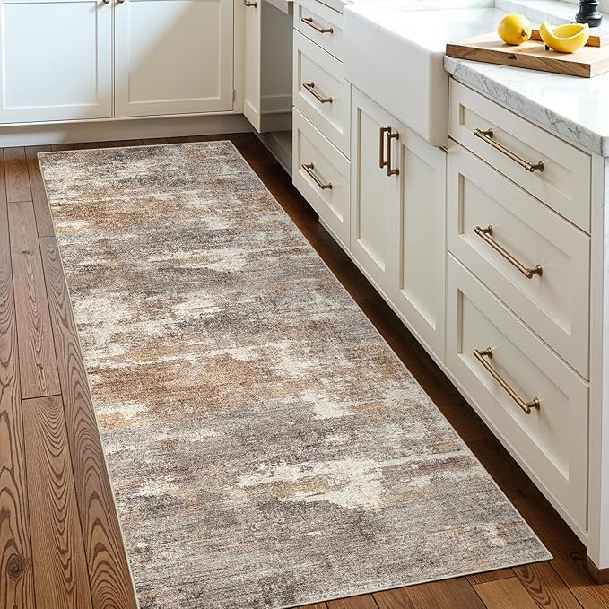 2x5 Washable Kitchen Runner Rug: Modern Abstract Runners for Hallway Soft Non Slip Rugs with Rubber Backing Low Pile Thin Floor Carpet for Entryway Bedroom Bathroom Bedside Indoor(Brown/Brick,2x5)