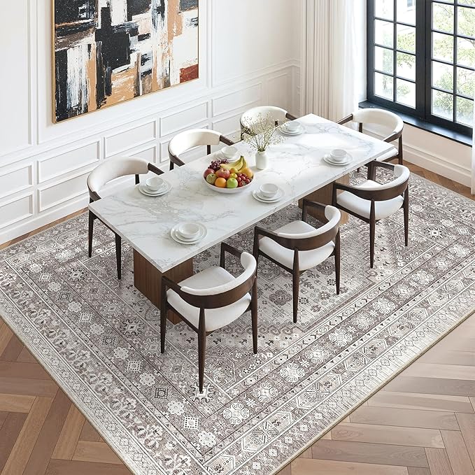 zesthome 8x12 Area Rugs,Stain Resistant Washable Rug,Ultra-Thin Rugs for Living Room,Bedroom,Non-Slip Backing Home Decor Large Area Rug (Brown/Beige,8'x12')