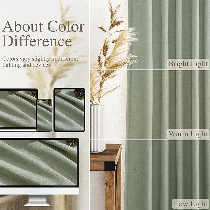 Nanspring Desert Sage Linen Curtains 72 Inch Length for Living Room Semi Sheer Light Filtering Door Drapes 2 Panels Set for Kids Bedroom Back Tab Rod Pocket Modern Farmhouse Decor 52x72
