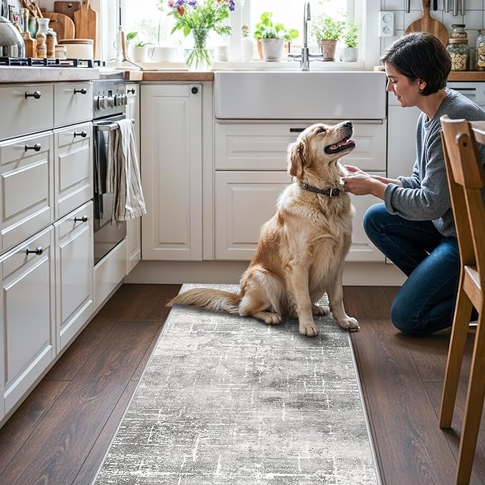 Washable 2x5 Hallway Runner Rug: Indoor Abstract Water Resistant Kitchen Entryway Rug Soft Living Room Bedroom Carpet Thin Low Pile Non Slip Floor Mat for Bathroom Laundry Room(2X5，Light/Grey)