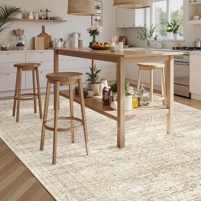 9x12 Area Rugs for Living Room, Non Slip Machine Washable Vintage Rugs, Low Pile Lightweight Large Rug for Bedroom, Dining Room, Home Office Beige