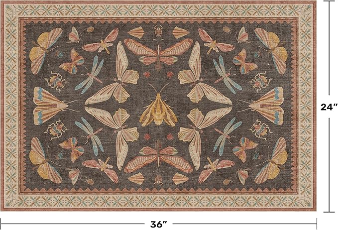 Vintage 2x3 Entry Way Rugs Indoor, Stain Resistant Washable Kitchen Rugs Non Slip, Small Soft Carpet for Bathroom, Powder Room, Insect Boho Indoor Décor, Low Pile & Stain Resistant (Orange and Brown)