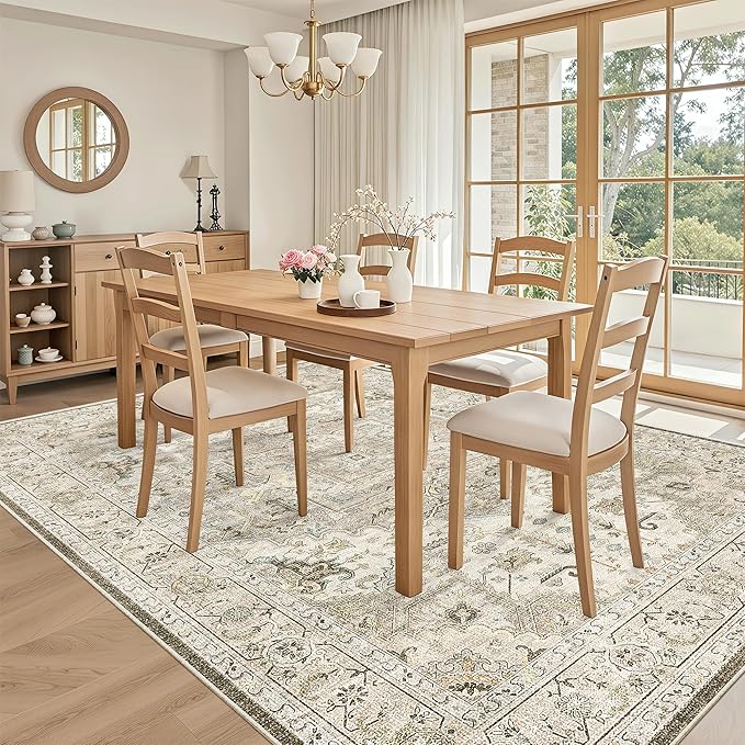 Madane 5x7 Area Rugs for Living Room, Stain Resistant Washable Rugs, Non-Slip Backing Area Rug, Vintage Home Decor Rug for Bedroom (Ivory/Brown, 5'x7')