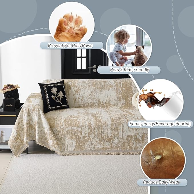 MYSKY HOME Sectional Couch Cover Khaki Geometric Abstract Sofa Covers for Sectional Sofa L Shape Chenille Couch Protector for Dogs Pets Couch Throw Cover Washable Durable for Home Decor, 91" X134"