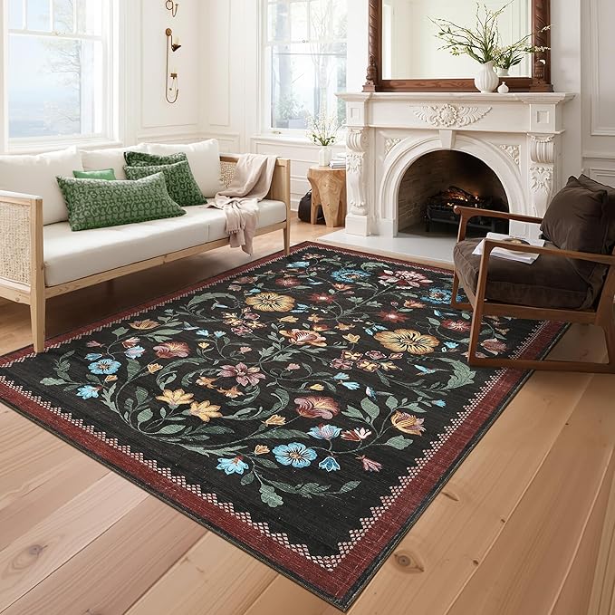 GarveeHome Washable Rug 4x6 Area Rugs for Living Room, Floral Rug for Bedroom, Soft Boho Non Slip Throw Rugs with Rubber Back, Low Pile Stain Resistant Vintage Floral Carpet for Dining Room, Red