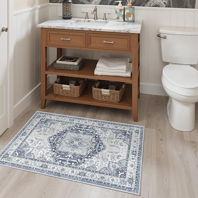 Madane Washable Area Rug 2x3, Small Entryway Rug Non-Slip Vintage Door Mat Indoor Entrance, Low Pile Floor Carpet for Inside Front Door Bedroom Kitchen Entry Laundry (2'x3', Navy/White)