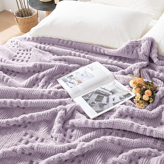 50x70 Inch Waffle Purple Throw Blanket -Fluffy Fleece, Neutral Tan Color, Cute & Aesthetic, Perfect for Sofa, Couch, Chair, Bed, Living Room & Bedroom, All-Season Use, Plush & Cozy Decorative Blanket