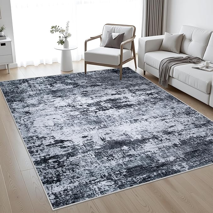 10x14 Area Rug Living Room Rug: Washable Modern Abstract Soft Thin Rug Indoor Floor No Slip Stain Resistant Carpet for Bedroom Dining Room Farmhouse Nursery Home Office - Black