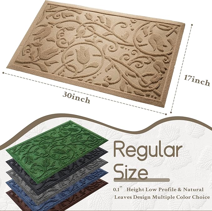 Boho Beige Floral Leaves Outdoor Indoor Entrance Doormats, Absorbent Durable Heavy Duty Welcome Front Door Mat,Thick Natural Rubber Back,Easy Clean Entryway Mat 17x30 Inch, Low Profile