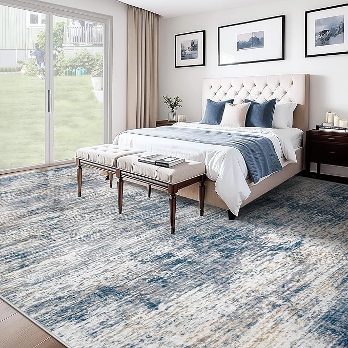 XLUEZ 10x14 Area Rugs for Living Room, Washable Modern Abstract Large Area Rug Neutral Soft Non Slip Kids Rug Stain Resistant Indoor Carpet for Bedroom Dining Room Playroom Office(BlueWhite, 10'x14')