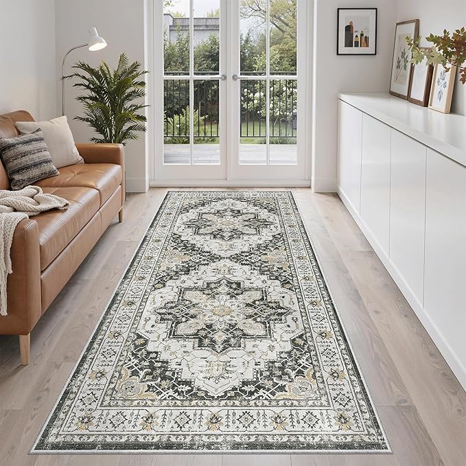Madane Hallway Runner Rug 3x6 - Washable Kitchen Rugs Entryway Rug Runner Vintage Soft Floor Mat Non Slip Indoor Farmhouse Carpet for Bathroom Living Room Bedroom (3 X 6, Black)