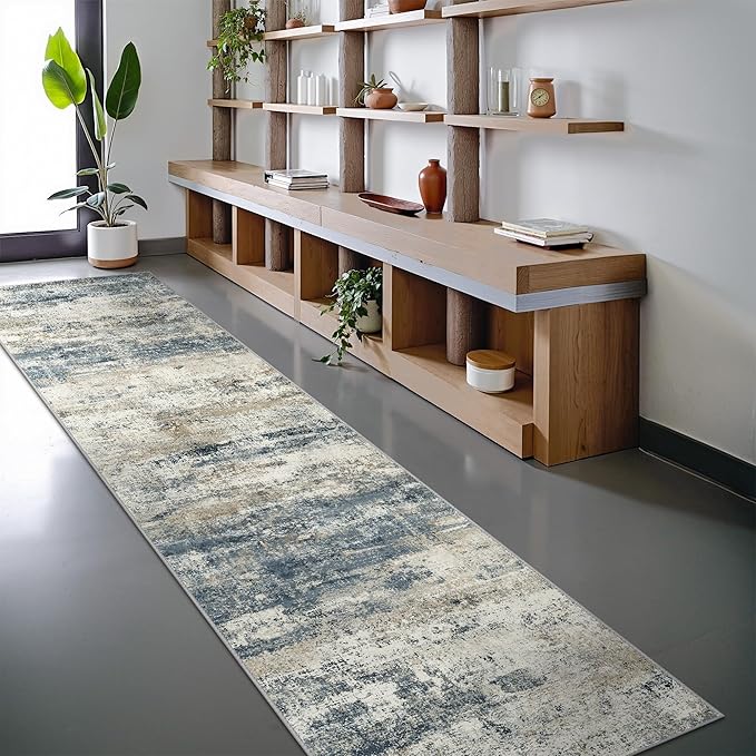 Runner Rug for Hallway Kitchen, 2'6"x10' Machine Washable Runners Rug for Entryway, Soft Modern Abstract Throw Rugs, Low Pile Floor Cover with Non Slip Backing, Navy Beige