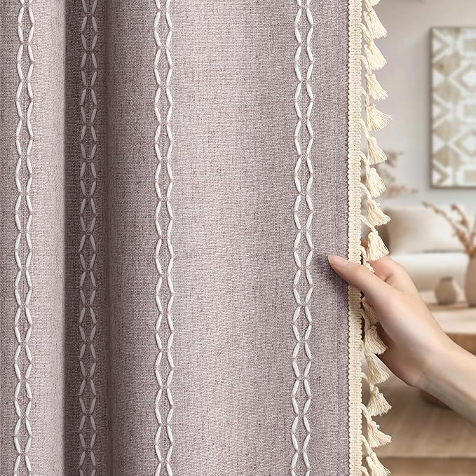 Purple Boho Blackout Curtains 2 Panels 84 Inch for Living Room Bedroom, Purple Linen Texture Farmhouse Curtains with Tassels and White Cotton Embroidery Vintage Rustic Country Western