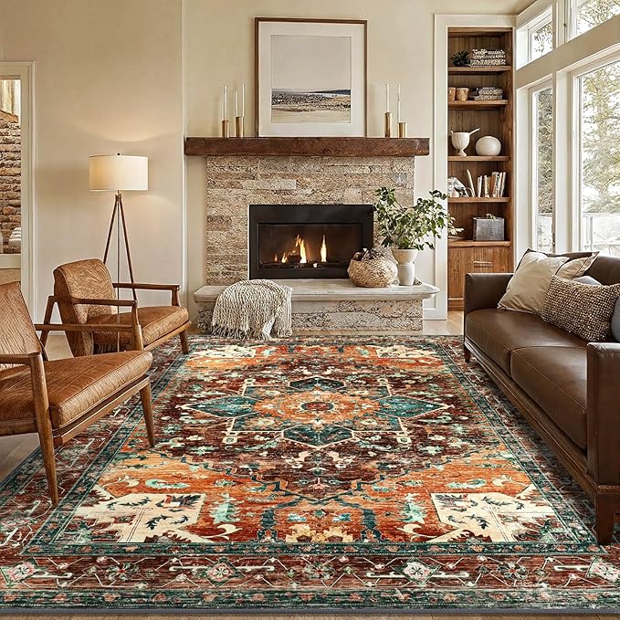 Yamaziot 6x9 Large Area Rug, Non-Slip Washable Boho Vintage Living Room Rug with Rubber Backing, Low Pile Faux Wool Soft Distressed Rug Floor Carpet for Dinning Room, Bedroom