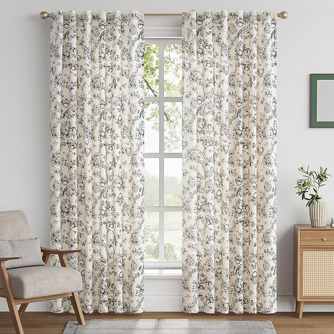 jinchan Linen Floral Curtains for Living Room 84 Inch Length Black Printed Flower Light Filtering French Country Curtain Farmhouse Cottage Core Toile Curtains Back Tab Window Drapes Set 2 Panels