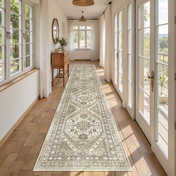 Hallway Runner Rug 2x12, Extra Long Washable Runner Rugs with Rubber Backing, Non Slip Runner, Vintage Rug Runners for Kitchen Laundry Room Entryway (Brown,2'x12')