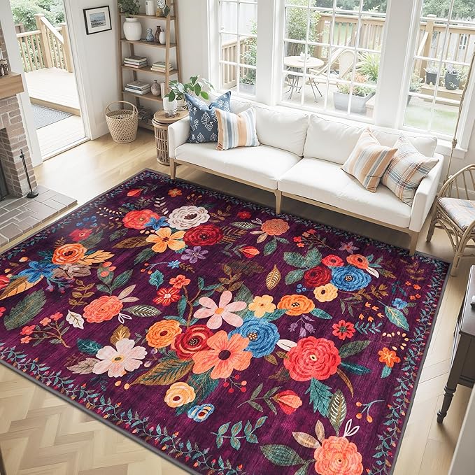Washable Area Rug 8x10, Large Soft Rugs for Living Room Floral Purple Carpet 8x10 Area Rugs for Bedroom Dining Room Non-Slip Stain Resistant Under Table Rug (8 x 10, Purple)