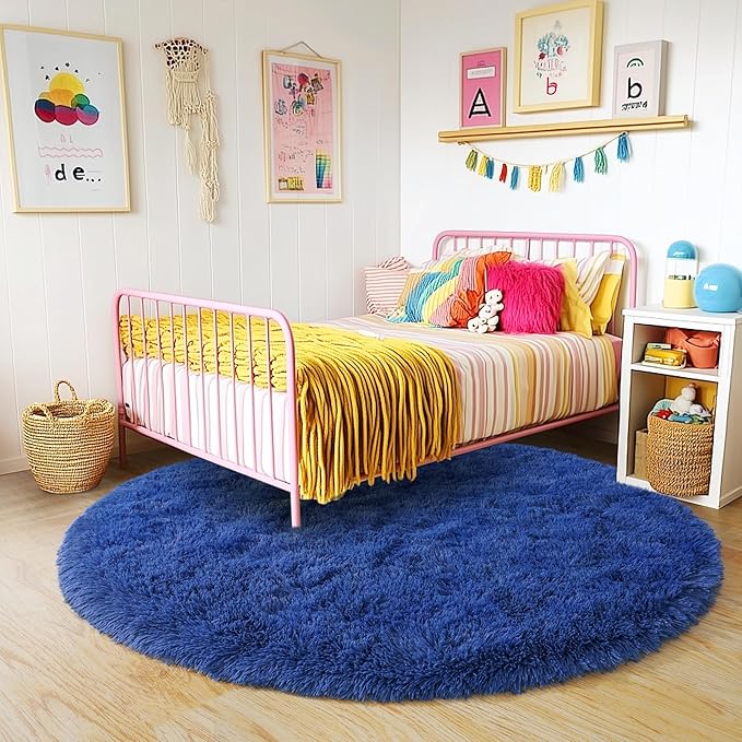 3'x3' Blue Round Rug for Bedroom, Ultra Soft Fluffy Circle Rug for Kids Girls Boys Room, Cute Small Shag Rugs for Living Room Playroom Teen Room Home Decor Rug