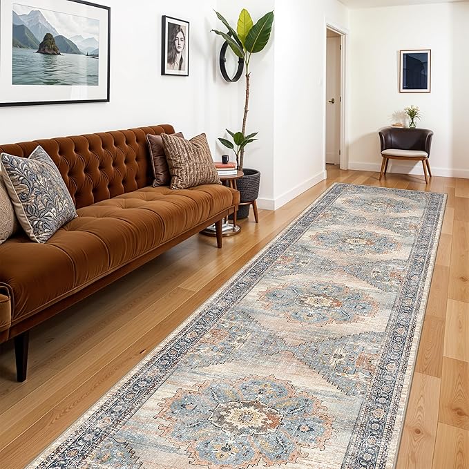 Washable 3x12 Hallway Runner Rug: Non Slip Soft Rugs for Kitchen Entryway Hall Living Room Low-Pile Water Resistant Carpet for Bathroom Thin Floor Mat for Bedroom Dining Room (Blue, 3x12)