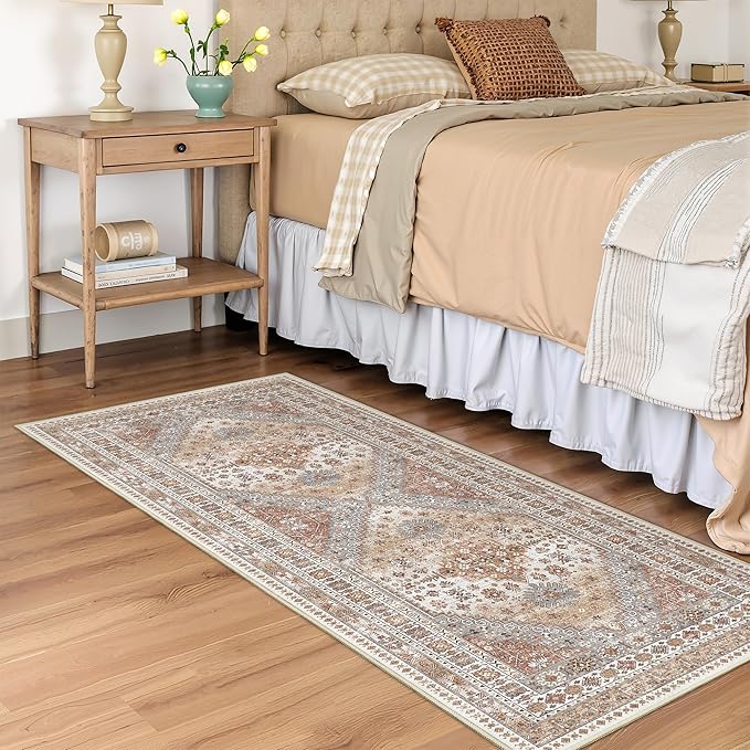 2x5 Rug Runner Washable for Entryway, Soft Bathroom Rugs with Non-Slip Backing,Vintage Low Pile Stair Runner, Small Kitchen Carpet for Hallways, Laundry Room(Orange,2'x5')