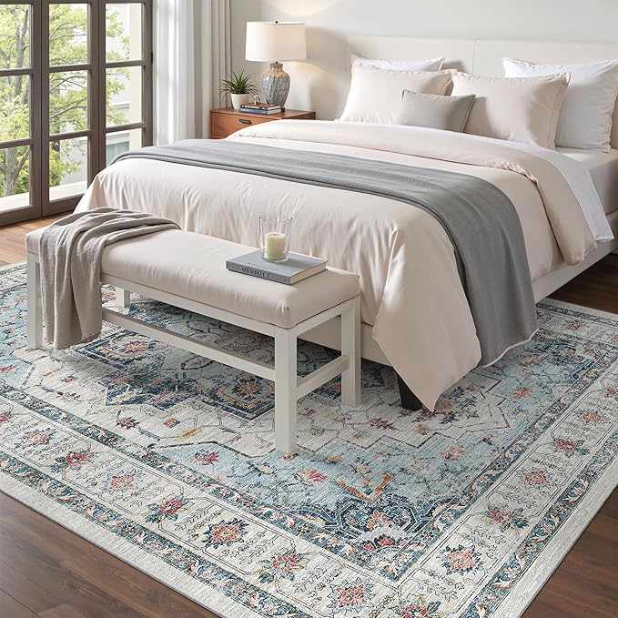 Madane 6x9 Area Rugs for Living Room, Stain Resistant Washable Rugs, Non-Slip Backing Area Rug, Vintage Home Decor Rug for Bedroom (Blue, 6'x9')