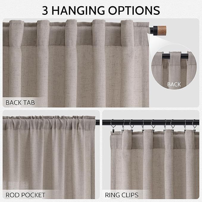 Nanspring Stone Beige Linen Curtains for Living Room 108 Inches Long Simple Modern Light Filtering Semi Sheer Curtain Back Tab Farmhouse Floor to Ceiling High Window for Bedroom 52x108, 2 Panels