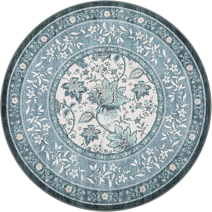 GarveeHome Misty Blue Botanical Grove 6ft Round Rug, Small Circle Vintage Cottagecore Soft Low-Pile Non-Slip Washable Rugs for Living Room Bedroom Nursery Kitchen Retro Carpet