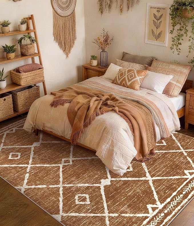 YIHOUSE Western Rugs for Living Room, 8x10 Moroccan Area Rug, Aztec Burnt Orange Large Rug, Southwestern Soft Low-Pile Washable Rugs for Bedroom, Dining Room