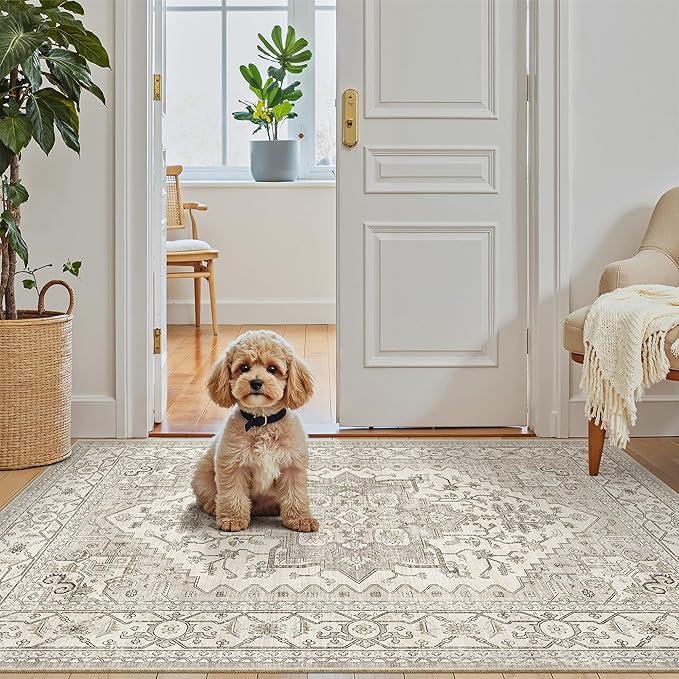 Madane Washable Entry Rug 3x4, Area Rugs for Entryway Kitchen Bathroom Door Mat Indoor Entrance, Vintage Floral Print Office Runner with Non Slip Rubber Backing, Beige/Brown
