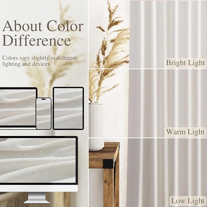 Nanspring Natural Linen Curtains for Living Room 95 Inches Long Rustic Farmhouse Decor Light Filtering Semi Sheer Curtain Back Tab and Rod Pocket Luxury Drapes for Bedroom Office 52x95, 2 Panels