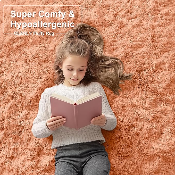 OLANLY 2x4 Machine Washable Runner Rugs for Hallway, Soft Fluffy Shaggy Bedside Rugs for Bedroom, Living Room, Indoor Floor Carpet for Kids Girls and Boys, Home Decor Aesthetic, Muted Orange