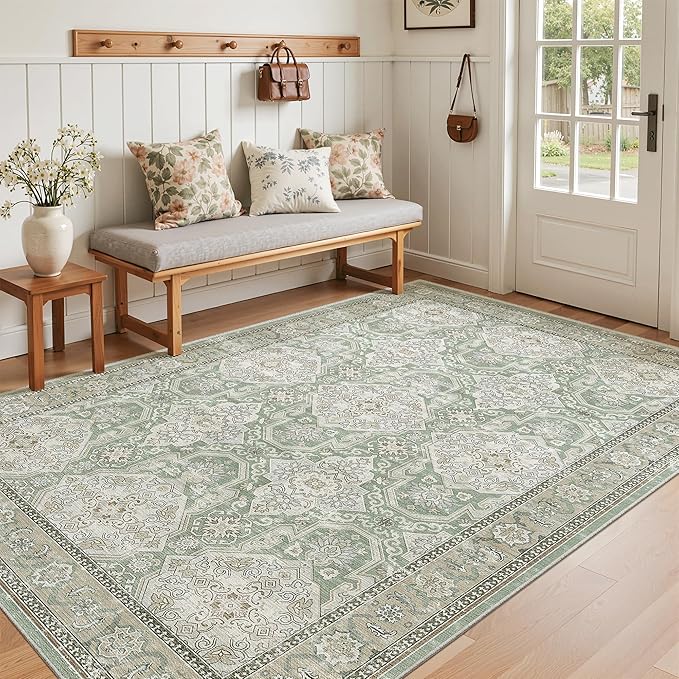 3x5 Rug, Small Area Rug for Kitchen, Entryway, Machine Washable Non-Slip Throw Rug, Vintage Carpet for Nursery Coffee Table Green/Brown
