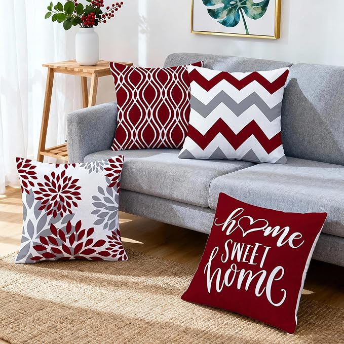 Hexagram Geometric Burgundy Pillow Covers 18x18 Set of 4, Decorative Outdoor Boho Modern Throw Pillow Covers, Home Sweet Home Farmhouse Cushion Case for Couch Sofa Bedroom Indoor Decor(No Insert)