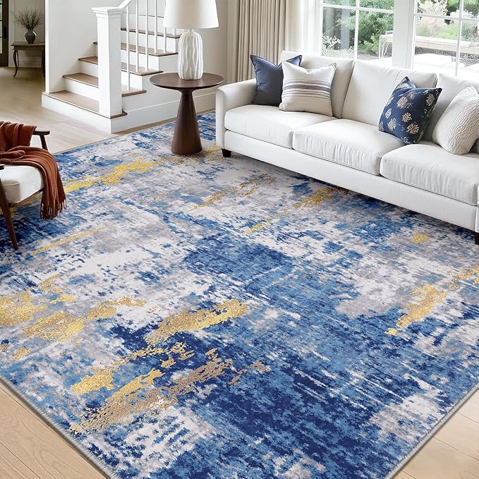 Washable Area Rugs 7x10 Non-Slip Modern Abstract Soft for Living Room Entryway Bedroom Nursery, Print Pattern, Grey Blue Gold/Golden