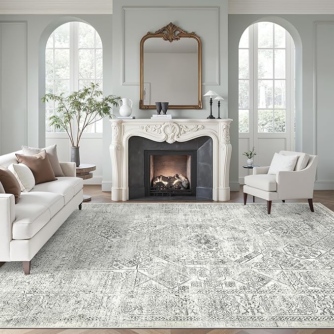 Washable Area Rug 8x10, Gray Soft Rug for Living Room Vintage 8x10 Area Rugs for Bedroom Dining Room Floral Non-Slip Thin Grey Rug