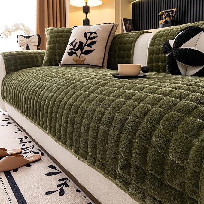Velvet Couch Cover, Washable Sectional Sofa Cover, Anti Slip Sofa Slipcover for 3 Cushion Couch Sofa L Shaped Armrest Backrest, Furniture Protector Covers for Pets Kids(1PC,Green,36"×36")