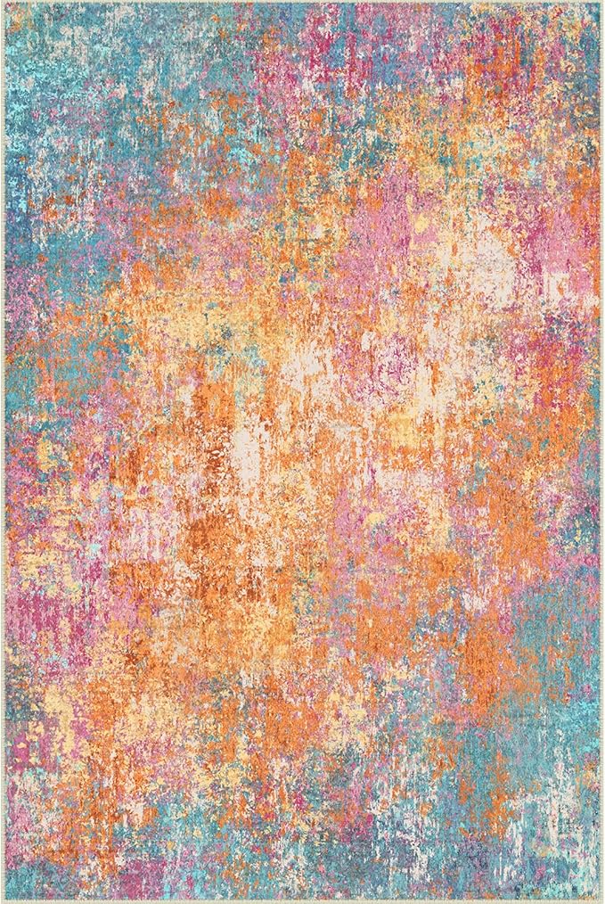 Washable Area Rugs 5'x7' Non-Slip Modern Abstract Soft for Living Room Entryway Bedroom Nursery, Print Pattern, Orange Blue Pink Yellow Colorful