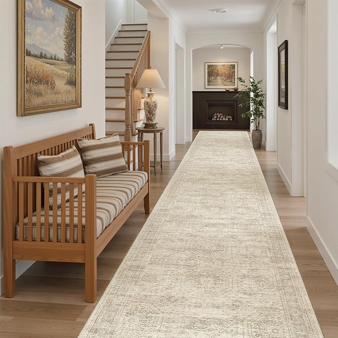 Hallway Runner Rug 3x16 - Vintage Non Slip Washable 16ft Kitchen Runner for Entrance Soft Long Carpet Runners for Living Room Bedroom Dining Room, Beige