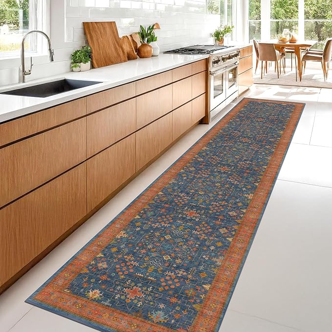 Hazo Haus Navy Blue Washable Hallway Runner Rug 2x10 Non Slip Rugs for Kitchen, Mudroom, Bathroom, Hall Way - 10 ft Long Dark Boho Geometric Decor, Fade & Stain Resistance